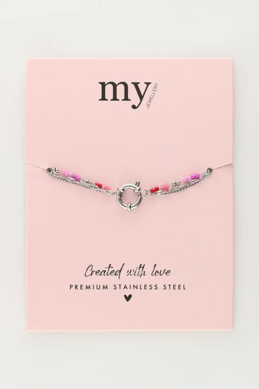 Driedubbele Armband Met Rode En Roze Kralen