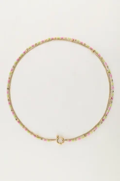 Driedubbele Ketting Met Groen & Roze Kralen