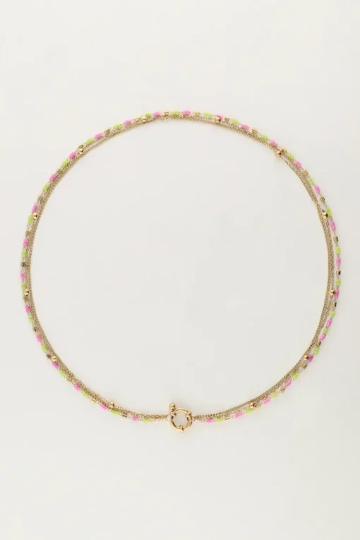 Driedubbele Ketting Met Groen & Roze Kralen