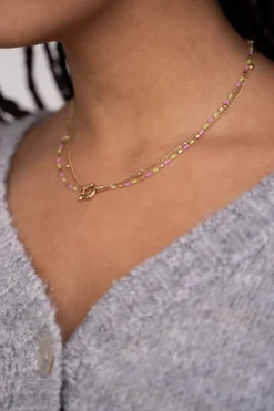 Driedubbele Ketting Met Groen & Roze Kralen