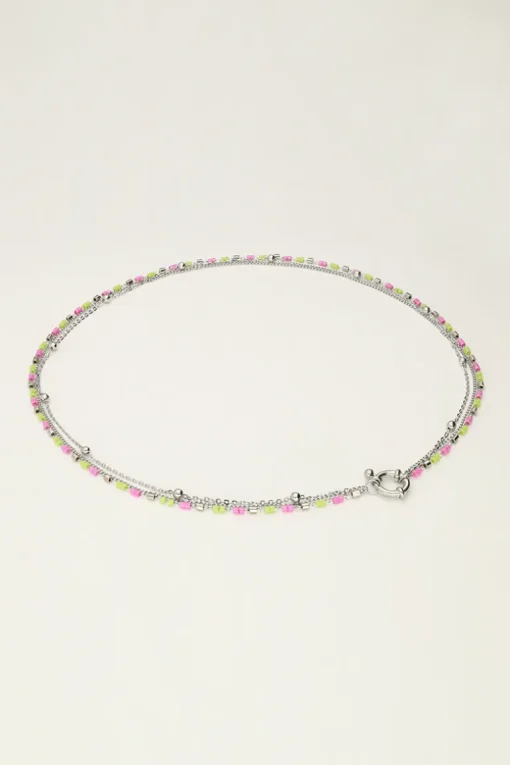 Driedubbele Ketting Met Groen & Roze Kralen