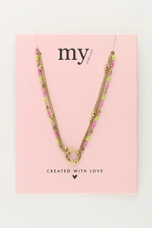 Driedubbele Ketting Met Groen & Roze Kralen