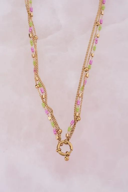 Driedubbele Ketting Met Groen & Roze Kralen