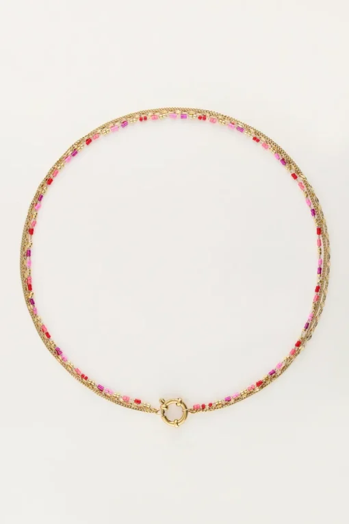 Driedubbele Ketting Met Rode En Roze Kralen