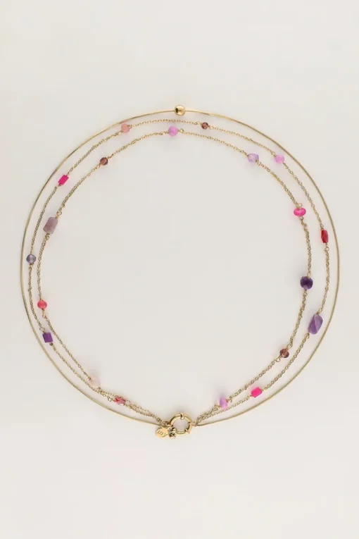 Driedubbele Ketting Met Roze En Paarse Kraaltjes