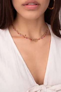 Driedubbele Ketting Met Rode En Roze Kralen