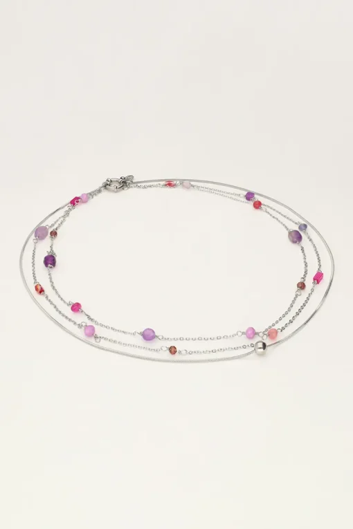 Driedubbele Ketting Met Roze En Paarse Kraaltjes