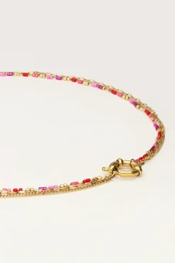 Driedubbele Ketting Met Rode En Roze Kralen