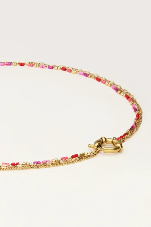 Driedubbele Ketting Met Rode En Roze Kralen