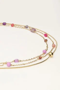 Driedubbele Ketting Met Roze En Paarse Kraaltjes