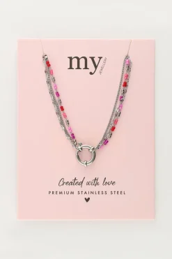 Driedubbele Ketting Met Rode En Roze Kralen