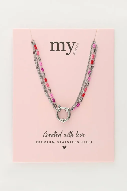 Driedubbele Ketting Met Rode En Roze Kralen