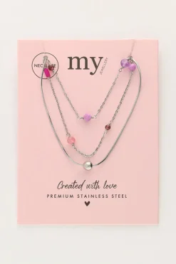 Driedubbele Ketting Met Roze En Paarse Kraaltjes
