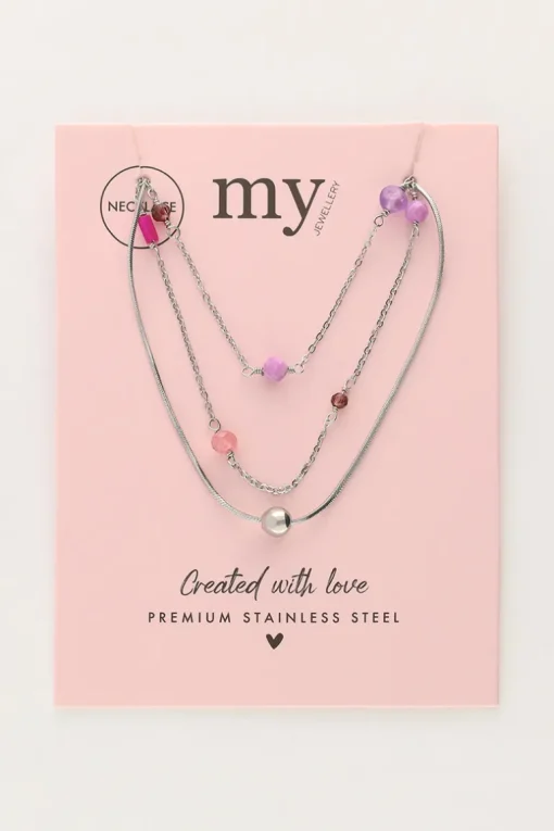 Driedubbele Ketting Met Roze En Paarse Kraaltjes