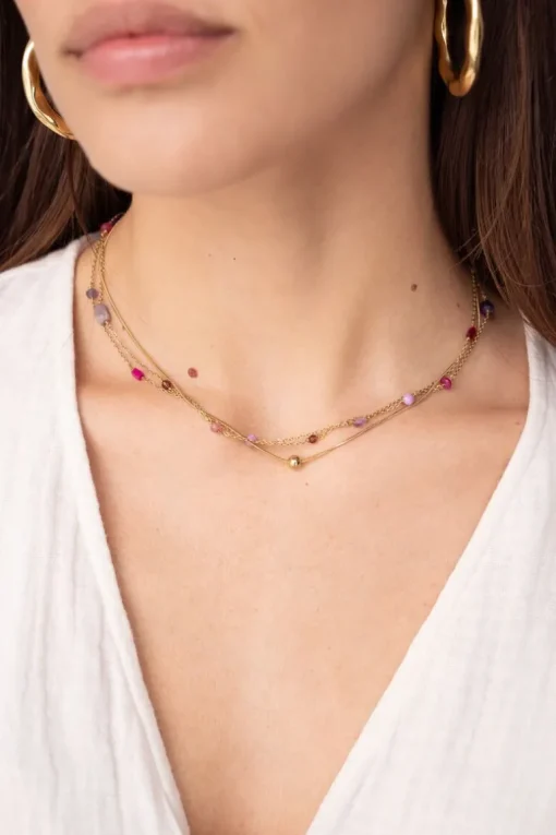 Driedubbele Ketting Met Roze En Paarse Kraaltjes