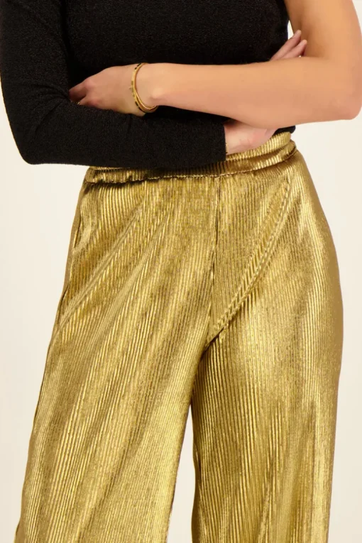 Gouden Plissé Wide Leg Broek