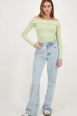 Groene Off-shoulder Top Met Rib Structuur