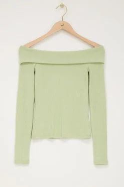 Groene Off-shoulder Top Met Rib Structuur