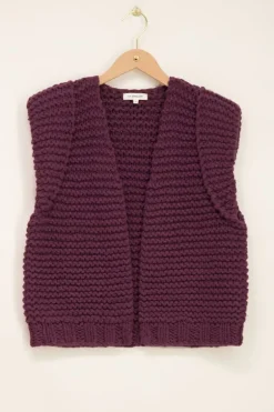 Paars Grof Gebreid Gilet Met Schoudervulling
