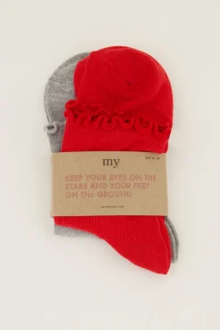 Rood En Grijze Sokken Set Met Ruffle