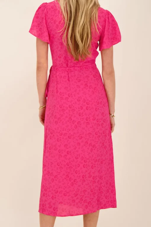 Roze Midi Wikkeljurk Met Rode Bloemenprint
