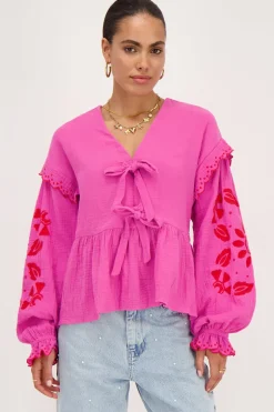 Roze Mousseline Blouse Met Embroidery En Strikjes