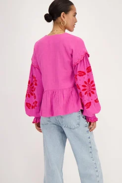 Roze Mousseline Blouse Met Embroidery En Strikjes