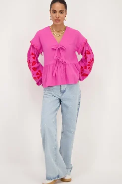 Roze Mousseline Blouse Met Embroidery En Strikjes