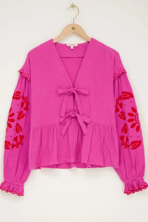 Roze Mousseline Blouse Met Embroidery En Strikjes