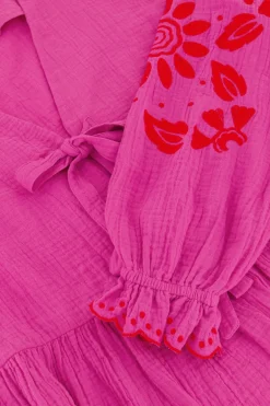 Roze Mousseline Blouse Met Embroidery En Strikjes