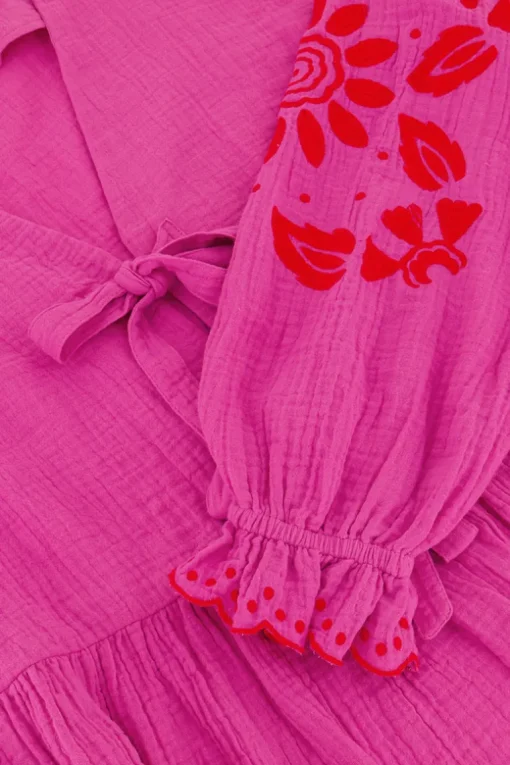 Roze Mousseline Blouse Met Embroidery En Strikjes