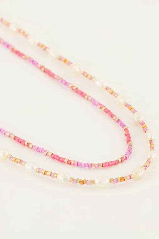 Souvenir Oranje & Roze Kettingen Set Met Kralen En Parels