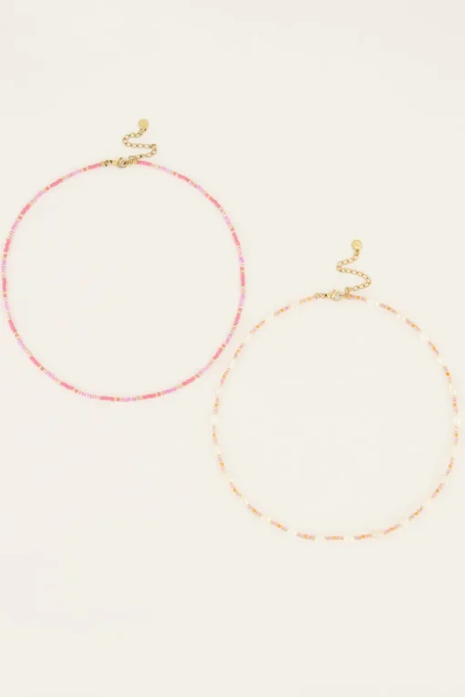 Souvenir Oranje & Roze Kettingen Set Met Kralen En Parels