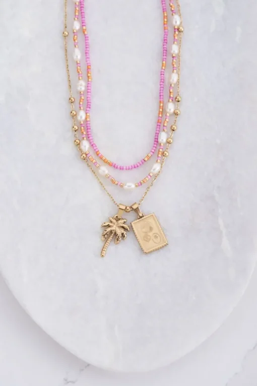 Souvenir Oranje & Roze Kettingen Set Met Kralen En Parels