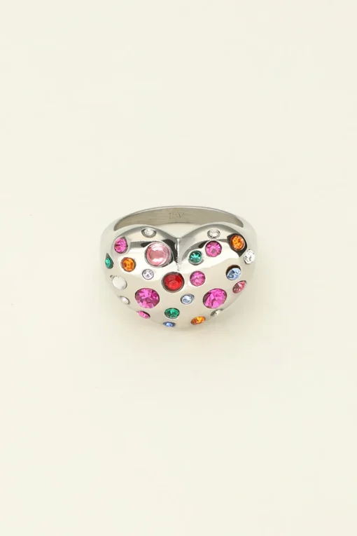 Universe Statement Ring Met Hart En Gekleurde Steentjes