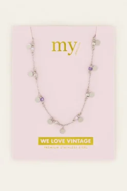 Vintage Ketting Met Lila Kralen & Muntjes