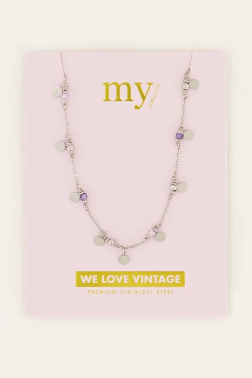 Vintage Ketting Met Lila Kralen & Muntjes