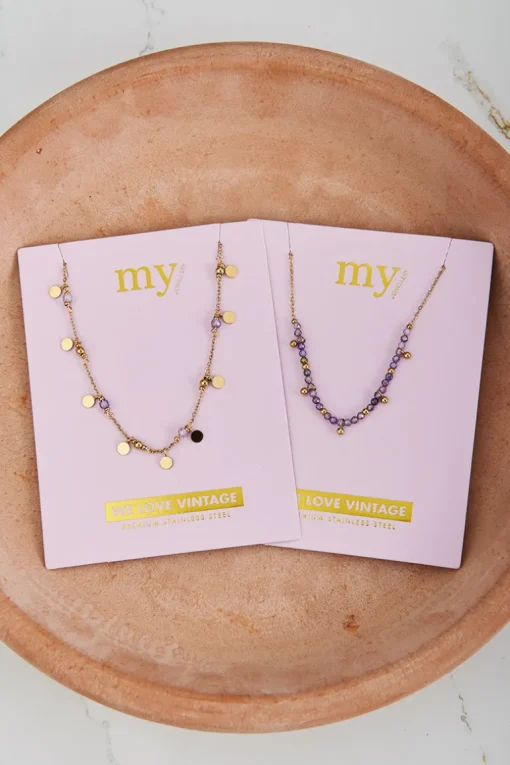 Vintage Ketting Met Lila Kralen & Muntjes