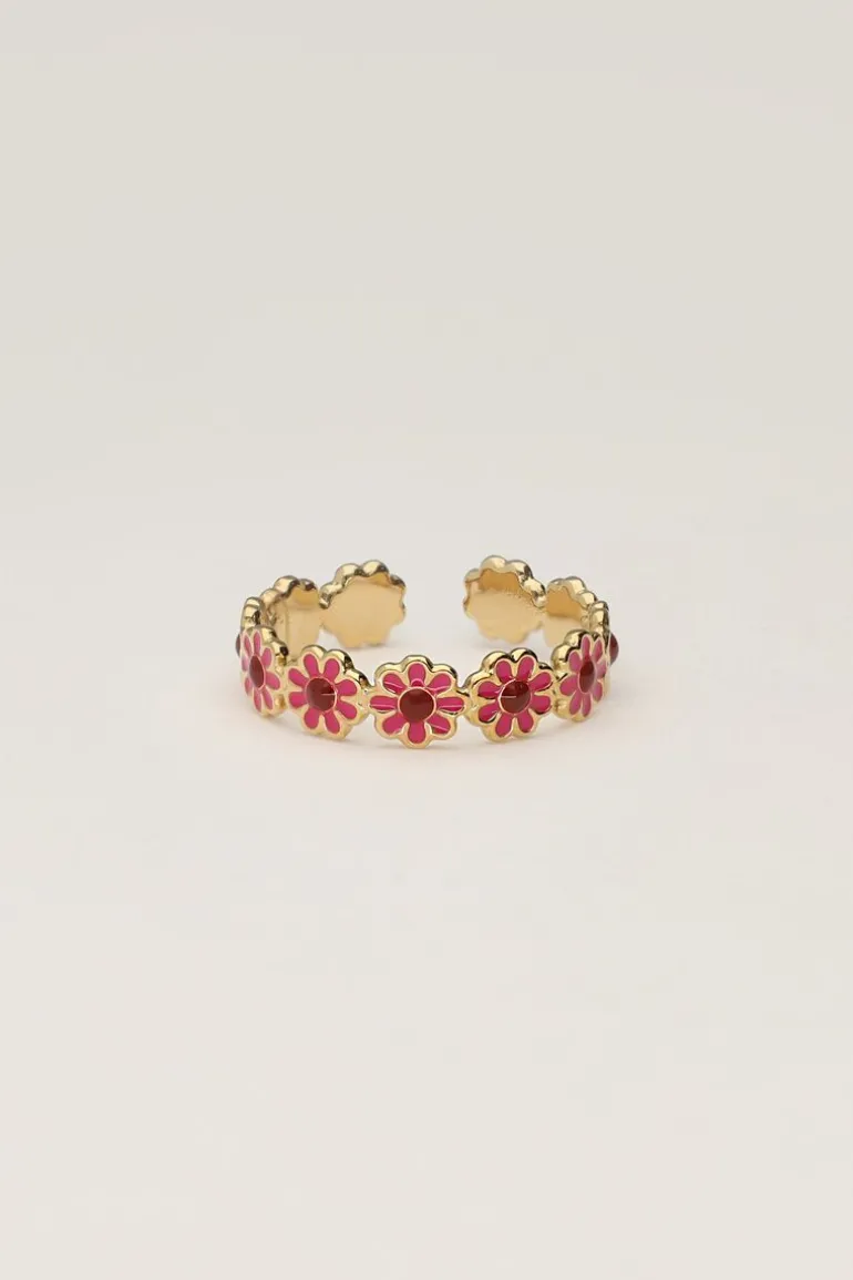 Vintage Ring Met Roze & Rode Bloemetjes