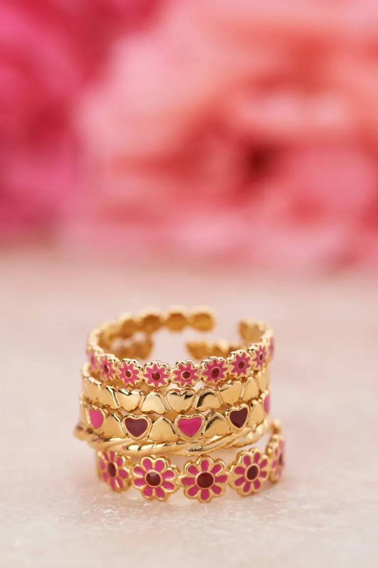 Vintage Ring Met Roze & Rode Bloemetjes Mini