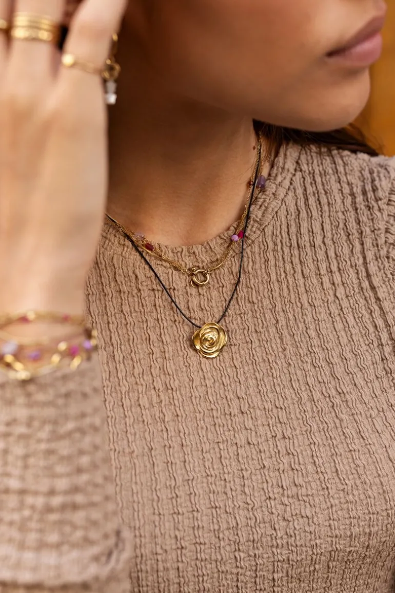 Vintage Zwarte Koord Ketting Met Roos