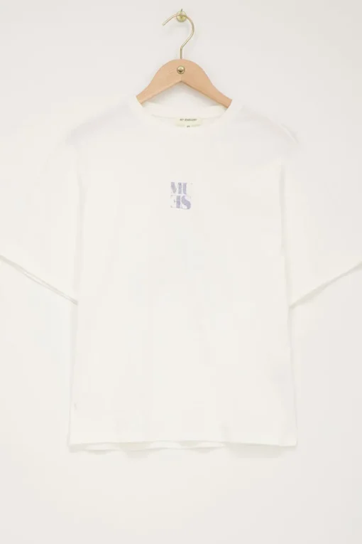Wit T-shirt Met Blauwe Denim Fotoprint Muse