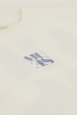 Wit T-shirt Met Blauwe Denim Fotoprint Muse