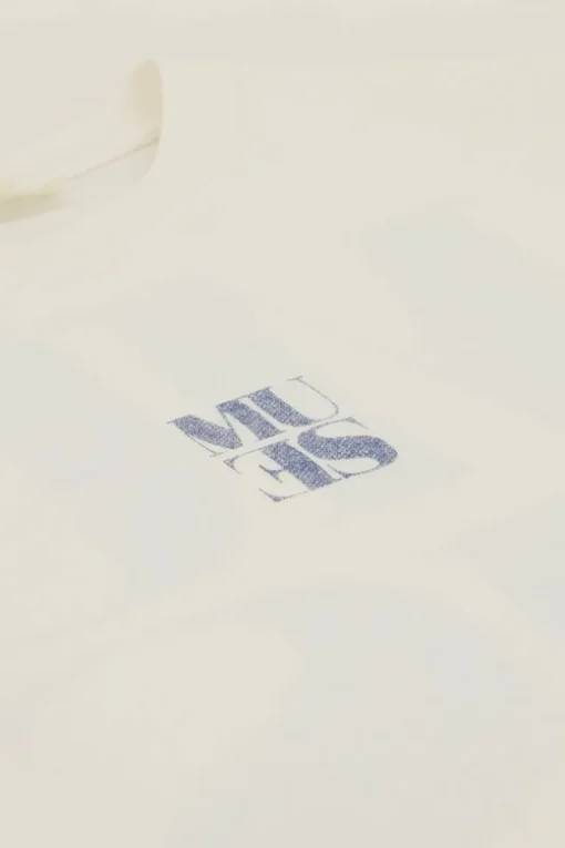 Wit T-shirt Met Blauwe Denim Fotoprint Muse
