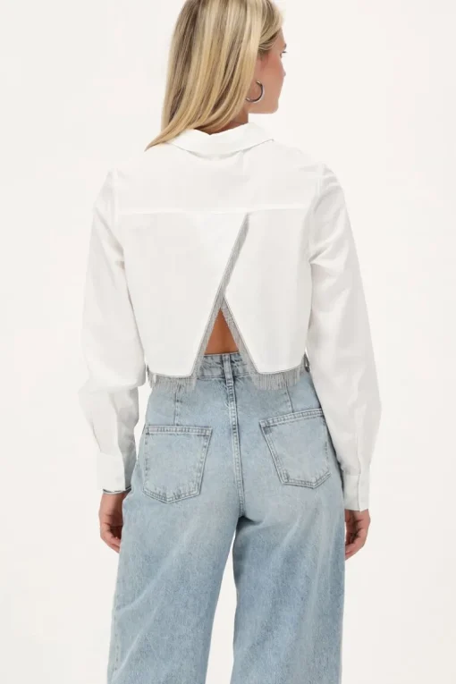 Witte Cropped Blouse Met Glitter Franjes
