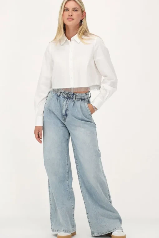 Witte Cropped Blouse Met Glitter Franjes