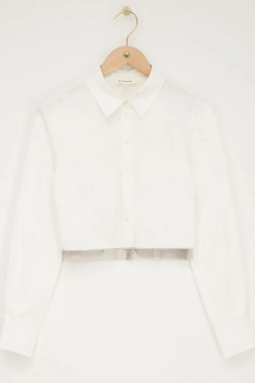 Witte Cropped Blouse Met Glitter Franjes