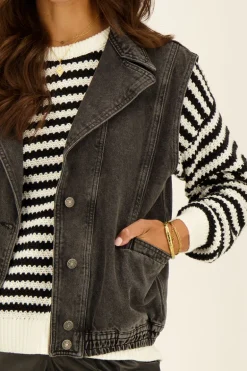 Zwart Denim Gilet Met Elastische Tailleband