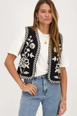 Zwart Gilet Met Crème Embroidery