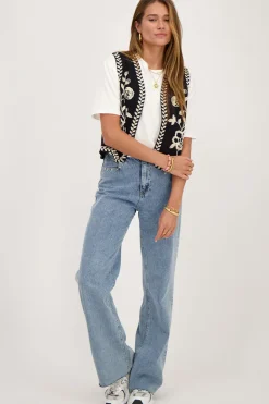 Zwart Gilet Met Crème Embroidery